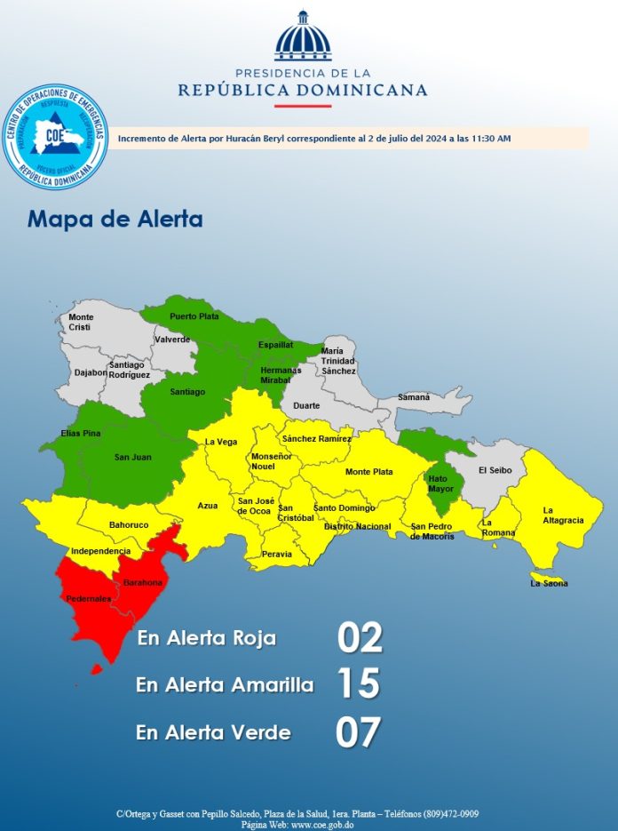 COE aumenta 15 provincias en alerta amarilla; Barahona y Pedernales se mantienen en roja