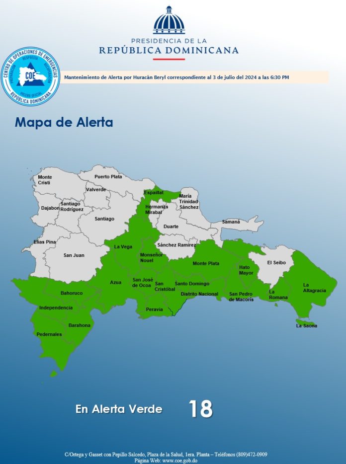 COE coloca 18 provincias en alerta verde tras el paso de huracán Beryl