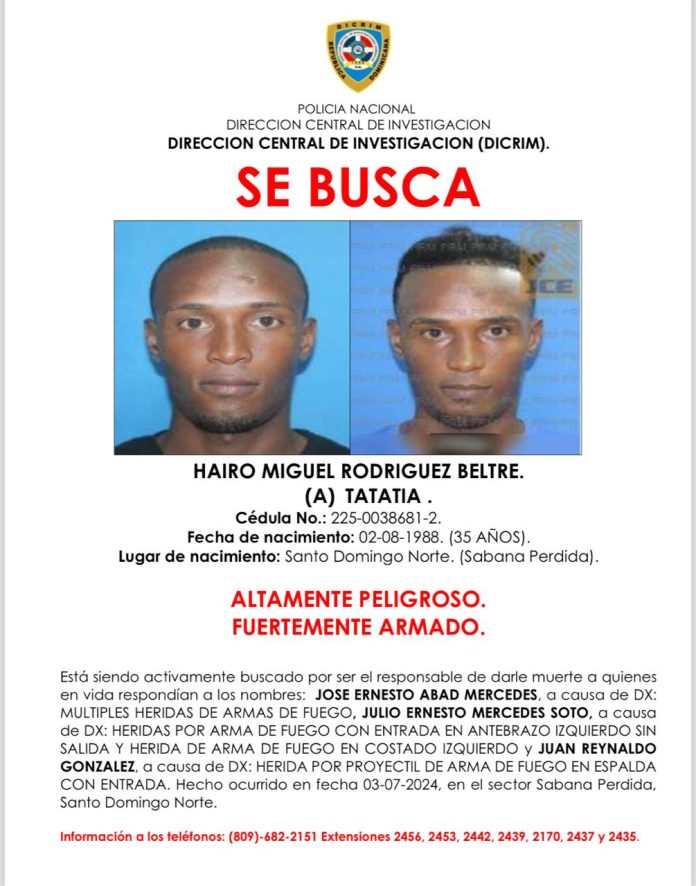 Policía identifica y persigue presunto autor de triple homicidio en Sabana Perdida, SDN