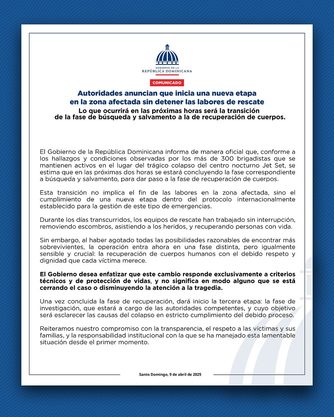 Comunicado oficial sobre la operacion de rescate
