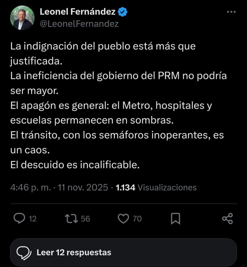 Leonel Fernández critica al Gobierno por apagón nacional
