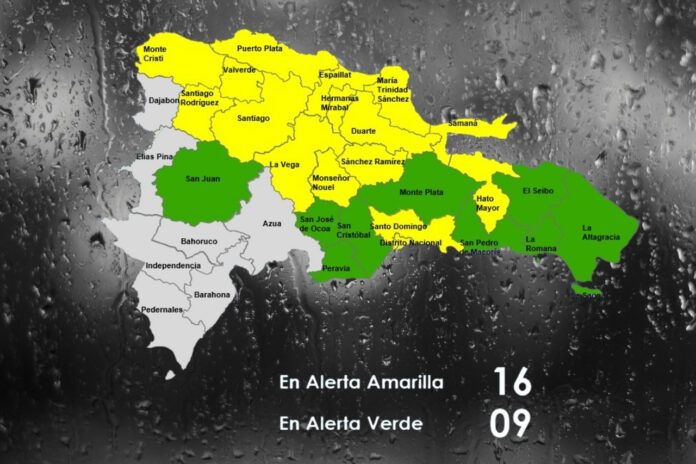 En alerta verde: Monte Plata, Peravia, San Pedro de Macorís, San Juan, La Altagracia, San José de Ocoa, San Cristóbal, El Seibo, La Romana.