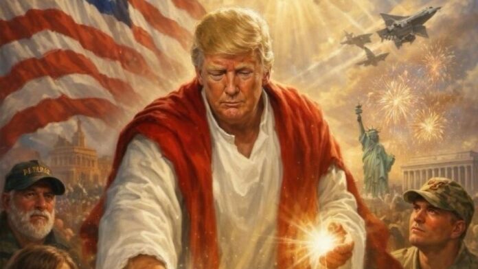 Con aviones de guerra de fondo, Donald Trump se ha perfilado nada menos como Jesucristo, al compartir en Truth Social una imagen generada por inteligencia artificial en la que aparece como una figura mesiánica que realiza sanaciones sagradas con la luz divina que emana de sus manos.