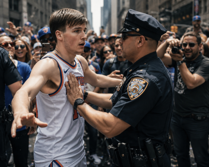Campeón y desconocido: Tyler Kolek fue interceptado por la policía en el desfile de los Knicks