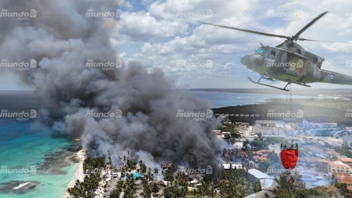 FARD despliega helicópteros con Bambi Bucket para combatir incendio en hotel de Bayahíbe