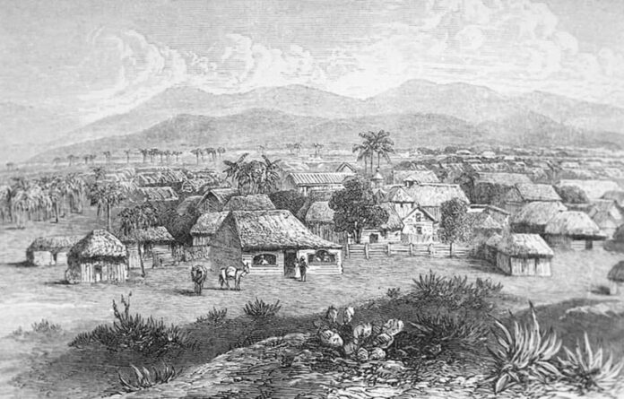 Ilustración de Vista panorámica de la comunidad de Moca, Samuel Hazard, 1871, AGN