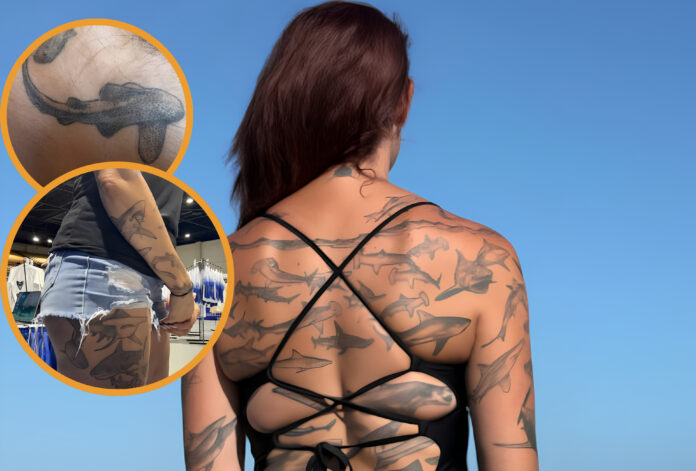 Bióloga rompe récord Guinness al tatuarse 106 tiburones en todo su cuerpo