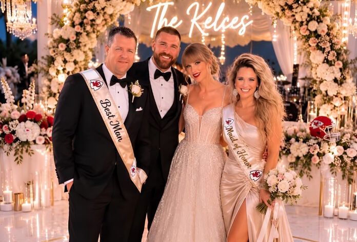 Para la ocasión, Swift y Kelce vistieron diseños de la casa de moda Christian Dior, creados por el diseñador Jonathan Anderson. La artista completó su look con zapatos personalizados de Christian Louboutin y joyas de Cartier.