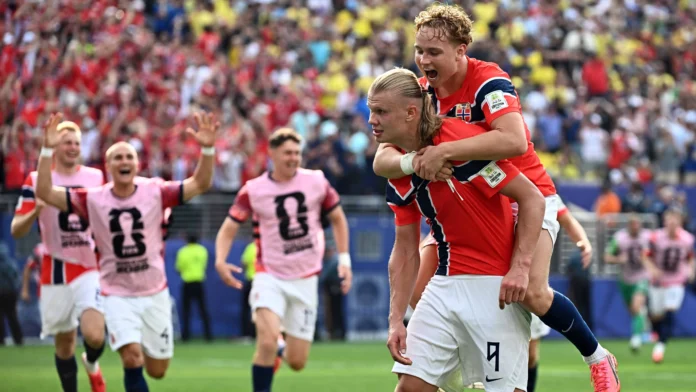 Erling Haaland celebra uno de sus goles en la victoria de Noruega sobre Brasil en el Mundial de la FIFA 2026.