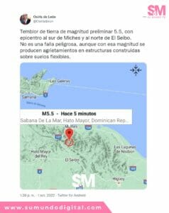 Se registra temblor de tierra magnitud preliminar 5.5 en zona Este del país