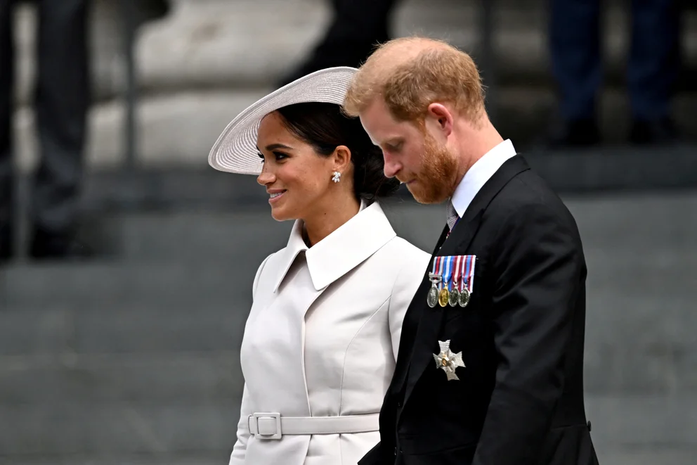 Britain's Prince Harry and his wife Meghan, Duchess of Sussex, leave after the National Service of Thanksgiving held at St Paul's Cathedral as part of celebrations marking the Platinum Jubilee of Britain's Queen Elizabeth