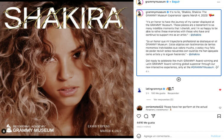 Shakira formará parte dela galería permanente del Museo de los Grammy con una galería interactiva que rendirá homenaje ala artista. 
