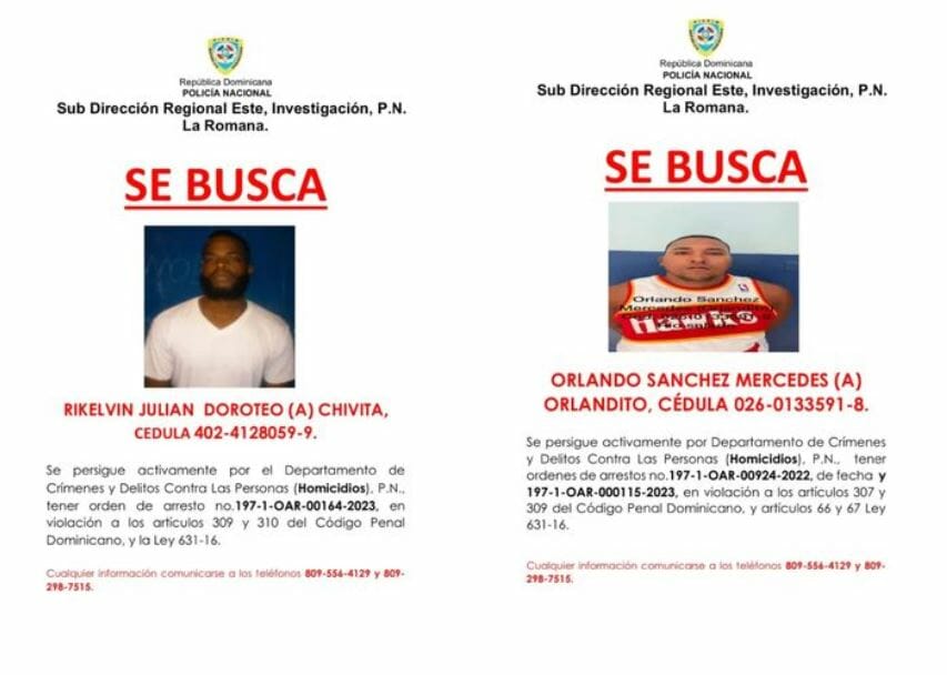 Policía Nacional busca dos hombres por homicidios en La Romana