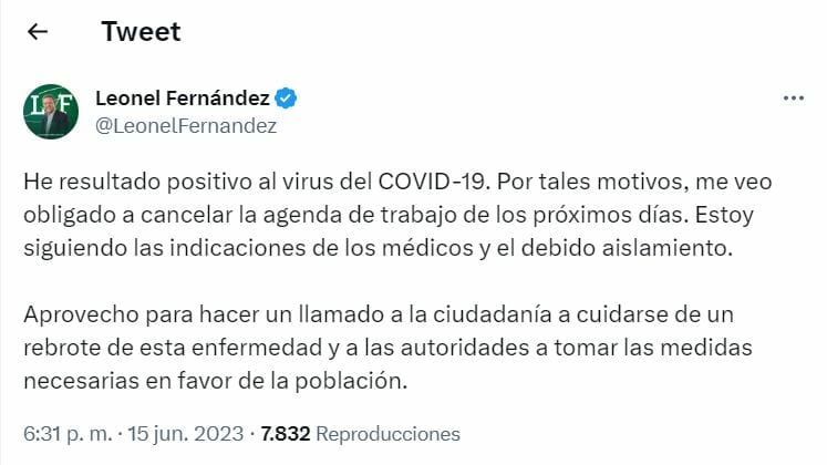 Leonel Fernández da positivo al Covid-19; cancela agenda de trabajo