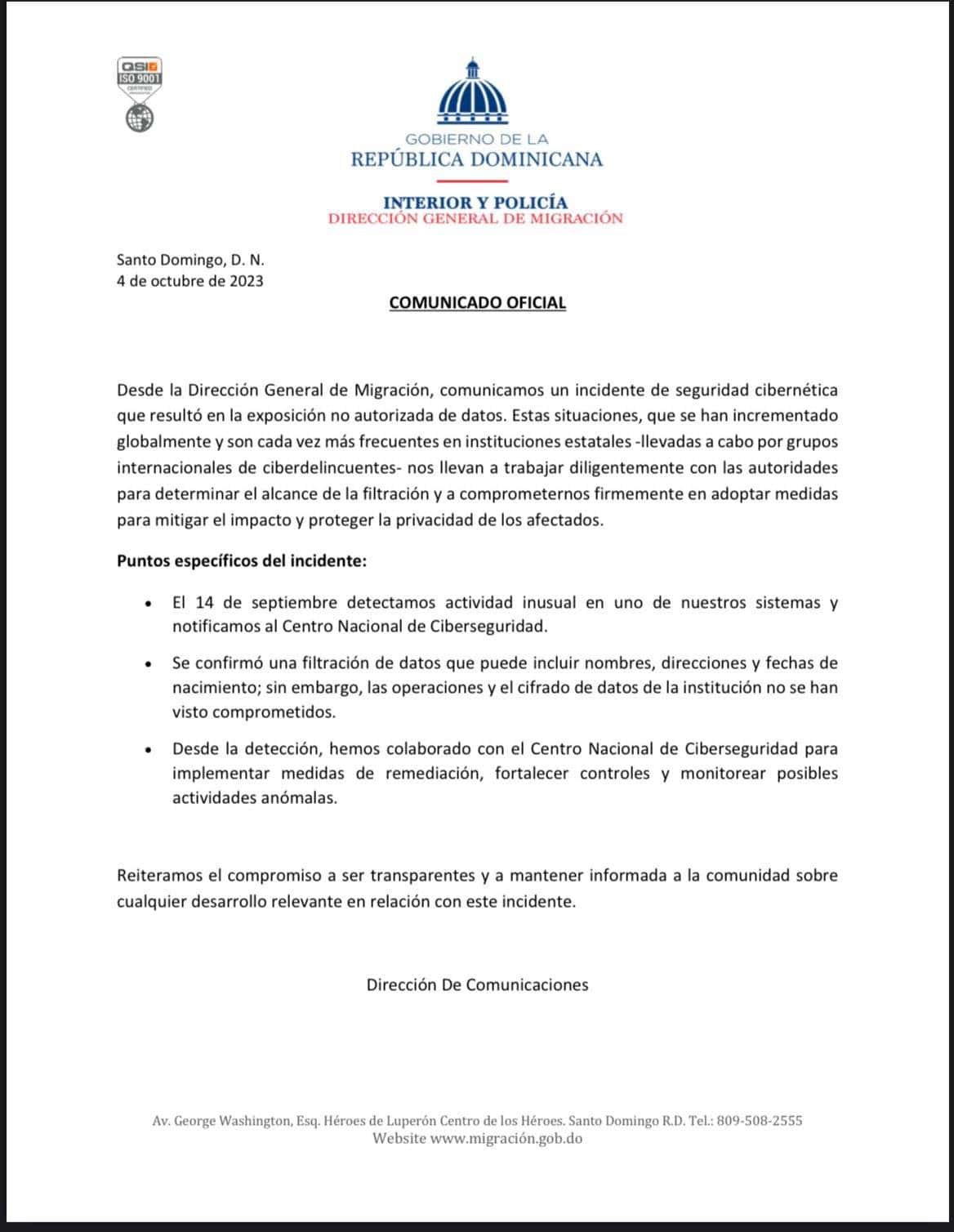 comunicado oficial de migracion sobre ciberataque