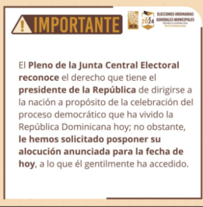 Pleno de la JCE anuncia Abinader pospuso su alocución
