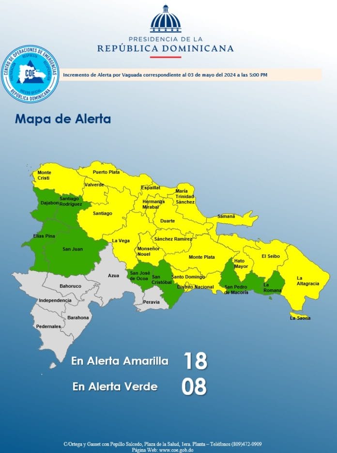 COE eleva 18 provincias en alerta amarilla y 8 en verde por vaguada
