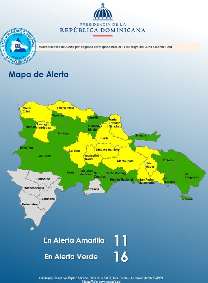 COE mantiene 11 provincias en alerta amarilla y 16 en verde por vaguada
