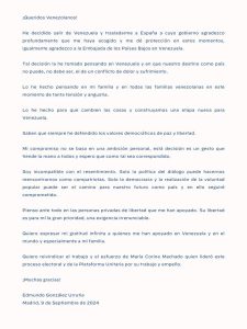 Edmundo González publica carta en "X" tras su llegada a España